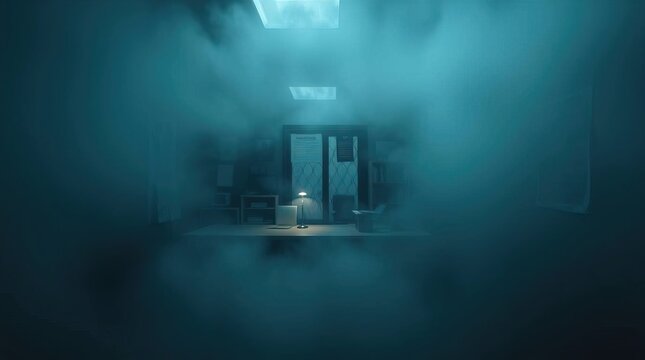 A professional office enveloped in thick, foggy surroundings, creating an eerie, creepy atmosphere with dark tones, unsettling details, and low visibility