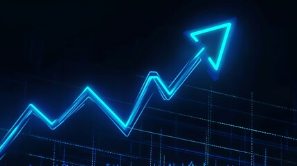 Neon blue arrow on an upward-trending graph, symbolizing business growth and stock market technology. Illustration with detailed renderings on a black background.