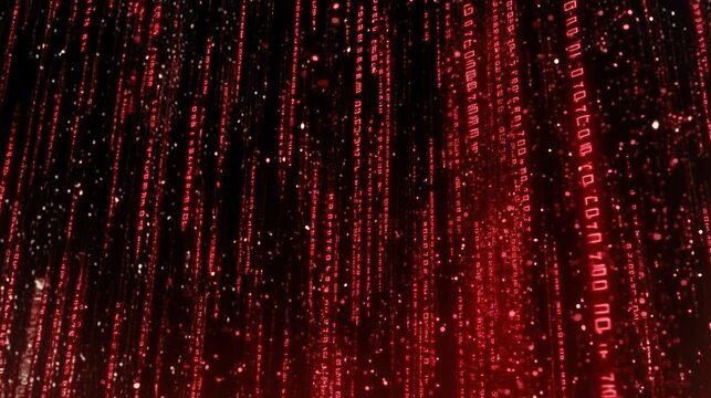 Digital rain of red binary code