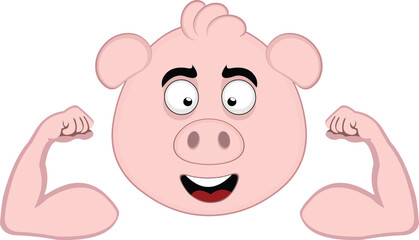 Obraz premium vector illustration emoji character face pig cartoon, showing the biceps of the arms