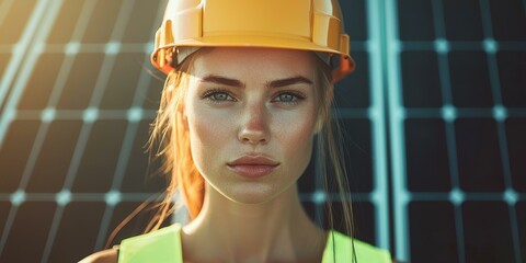 Portrait of young woman electrician in yellow hard hat and vest in front of solar panels, looking at camera, expressing confidence and competence, renewable energy and installation.
