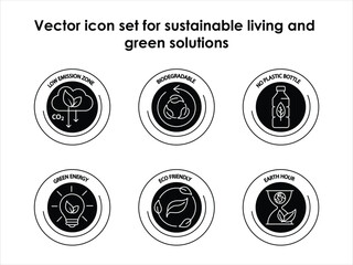 ector icon set for sustainable living and green solutions. Depicts low emissions, biodegradable items, reusable bottles, clean energy, and eco-friendly habits.