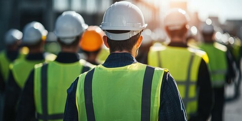 Team of engineers or workers walking, wearing safety helmets and vests, walking towards solar panel installation, service site, or construction location, industrial, renewable energy concept.
