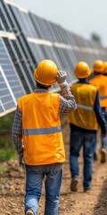 Team of engineers wearing reflective vests, hardhats walking near solar panels, installing renewable energy systems, looking at solar photovoltaic cell farm, field.