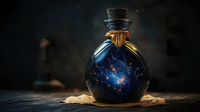 A mystical bottle sealed with wax, containing a shifting dark-blue elixir with cosmic constellations inside.