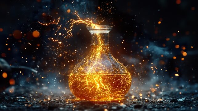 A mysterious golden elixir in an antique flask, casting tiny lightning sparks into the air as it reacts to unseen forces.