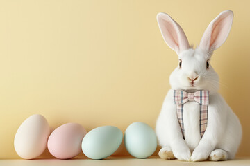 Sophisticated white bunny dressed in a tiny pastel plaid bowtie and miniature suspenders, sitting next to elegantly arranged Easter eggs
