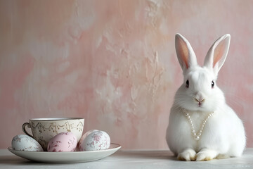 Fluffy white bunny with a tiny floral apron and a pearl necklace, sitting beside tea cup and styled Easter eggs.