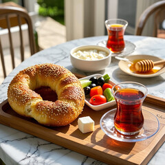 Turkish Breakfast with Simit and Traditional Tea