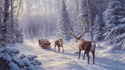 Obraz premium Reindeer pulling a sled through a snow covered forest path