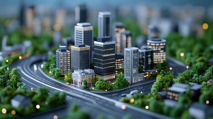 Miniature city model with skyscrapers, roads, greenery, and urban details in a vibrant cityscape setting