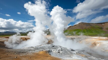 Geothermal geysers naturally releasing high-pressure steam, showcasing the power of the earth&acirc;&euro;&trade;s heat, renewable energy potential, sharp and highly detailed image