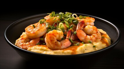 Savory shrimp and grits in a bowl garnished with green onions on a wooden table.