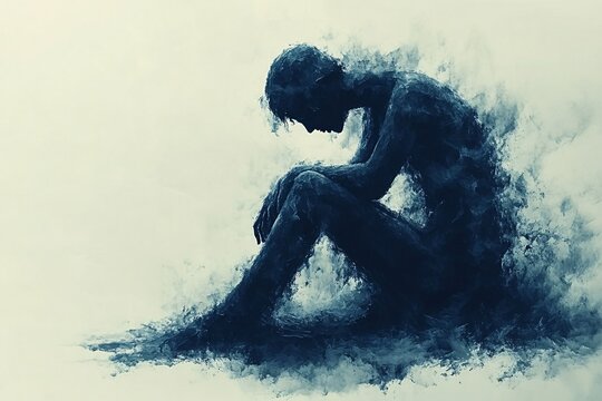 Melancholy Silhouette: A pensive human figure, rendered in ethereal shades of blue and grey, sits hunched in solitude, embodying the weight of introspection and emotional turmoil.