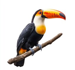 Toucans Perching on Branch with Striking Plumage and Colorful Beaks