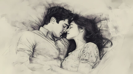 Vintage inspired sketch of a romantic couple sharing an intimate moment in expressive pencil strokes with timeless nostalgic artistic appeal. Timeless Slumber. Illustration