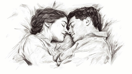 Vintage inspired sketch of a romantic couple sharing an intimate moment in expressive pencil strokes with timeless nostalgic artistic appeal. Timeless Slumber. Illustration