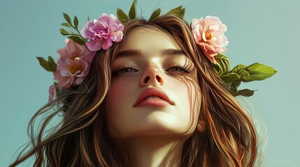 Naklejka premium Beautiful Woman Portrait Digital Art Painting Pretty Girl Floral Crown Long Brown Hair Feminine Elegant Soft Light Summer Aesthetic Dreamy Artistic 