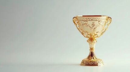 Golden trophy cup stands on white background. Award for winner. Success. Achievement. Leadership. Champion. Prize. Celebration. Triumph. Business. Sport. Game. Contest. Isolated award for winner.