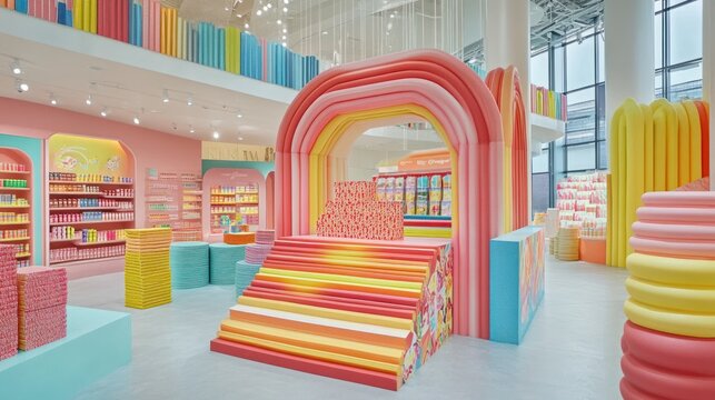 Pastel shop interior, rainbow arch, playful design, retail space