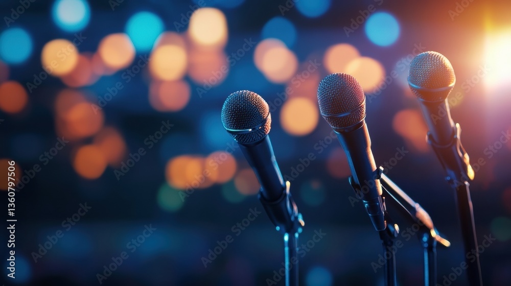 Poster political podium with multiple microphones in a spotlight, audience blurred, showcasing a powerful a