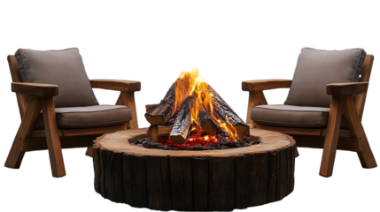 
Burninnng capfire fireplace and chairs isolated
