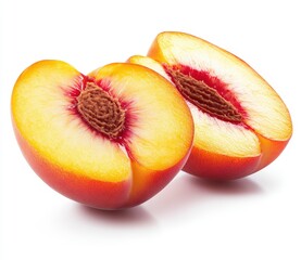 Fresh and Juicy Peach Cut in Half Showing Vibrant Flesh and Stone on White Background for Culinary and Health Related Themes