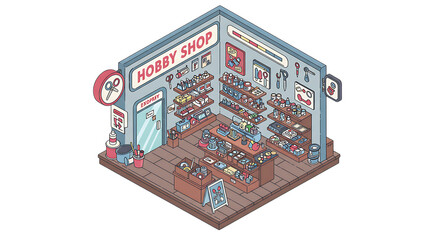 Obraz premium Isometric Hobby Shop Illustration Displaying Various Crafts and Supplies