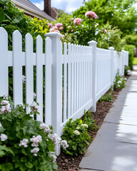 White picket fence lines suburban garden path