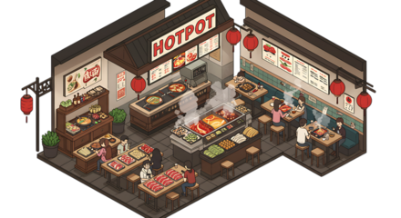 Isometric Hotpot Restaurant Illustration with People Dining and Preparing Food