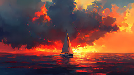 A sailboat glides serenely across a dark sea under a breathtaking sky painted with vibrant hues of sunset and deep, brooding clouds. Vibrant Incubation. Illustration