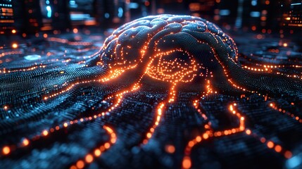 AI brain with neural pathways lighting up, connected to a futuristic supercomputer processing complex algorithms in real-time.
