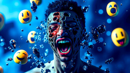 A man with a face covered in water and smiley faces
