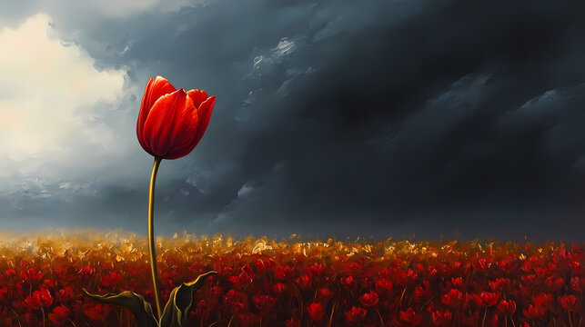 A striking painting of a solitary red tulip standing tall amidst a field, with its bold and vibrant red petals contrasting against a dark, brooding sky. Vibrant Incubation. Illustration
