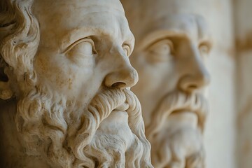 Fototapeta premium Close-up of detailed marble statues of Socrates and Jesus Christ, warm tones, natural lighting, blurred background, contrasting light and shadow, high-resolution documentary style.