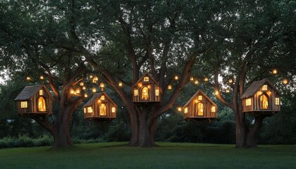 Enchanted Wooden Structures Illuminated at Night in a Lush Green Garden