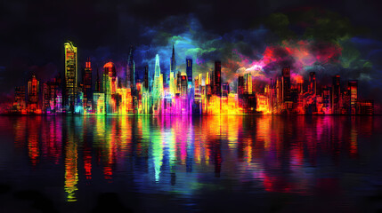 Cityscape in neon hues: a futuristic cityscape shimmering with vibrant neon lights against a dark, brooding sky, reflecting in the water below. Vibrant Incubation. Illustration
