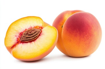 Fresh and Juicy Peach with Sliced Half Showing Stone, Vibrant Color and Texture on a White Background, Perfect for Healthy Eating and Summer Recipes