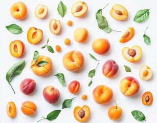 Fresh and Juicy Peaches and Apricots on White Background, Showing Whole Fruits, Halved Fruits, and Green Leaves for Healthy Food Imagery