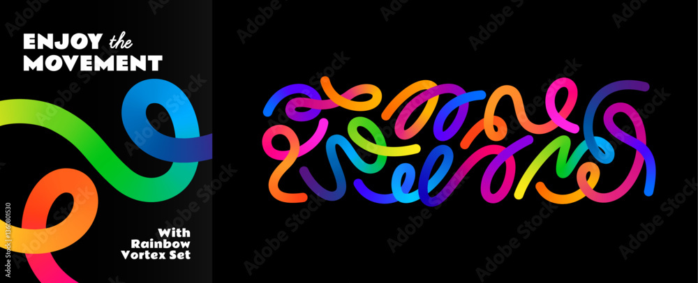 Poster ОSet of Abstract Lines with Color Gradient. Vector Background with Rainbow Wave Shapes. Graphic Pattern of 3D Wavy Elements. Color Poster Design