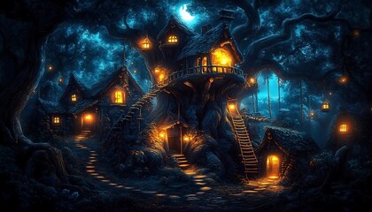 Enchanted Woodland Village Under Moonlight