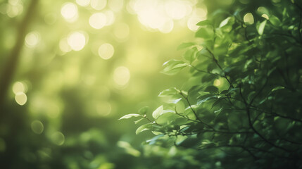 Defocused green forest plants and trees backdrop background