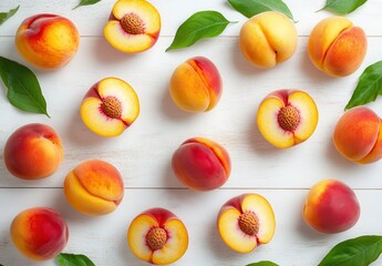 Fresh and Juicy Peaches Displayed on a White Wooden Surface with Green Leaves for a Summery and Vibrant Atmosphere in Food Photography