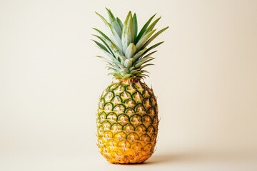 A single ripe pineapple stands against a light colored background