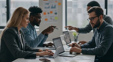 Diverse team brainstorming office.