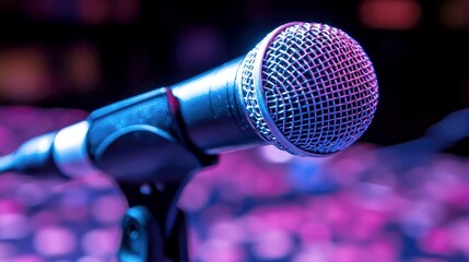 Close-up of a Microphone on Stage, under Vivid Pink and Blue Lighting