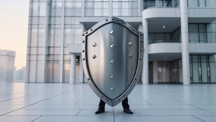 Large Metal Shield Conceals Businessperson in Urban Corporate Setting
