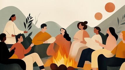Diverse group gathers around bonfire sharing stories and camaraderie in a serene outdoor setting