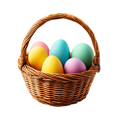 Colorful painted eggs in a wicker basket celebrate the spring holiday tradition isolated on transparent background