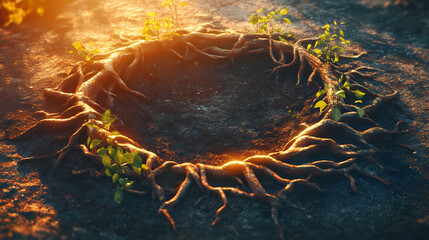 Enigmatic root circle on earth. Enigmatic Growth. Illustration